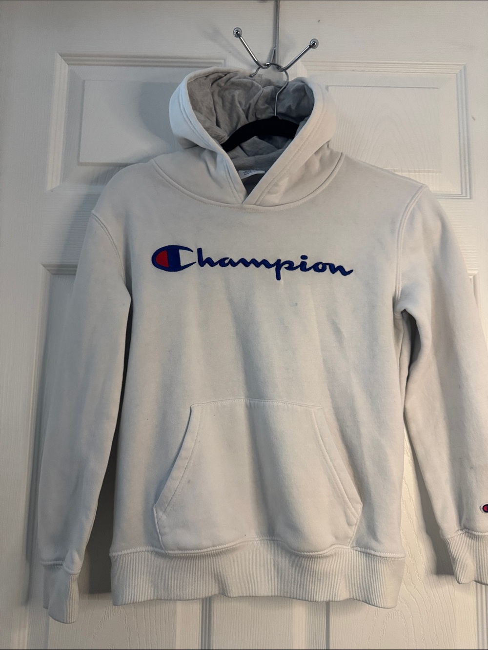 Champion White Pullover Hoodie with Blue & Red Script Logo